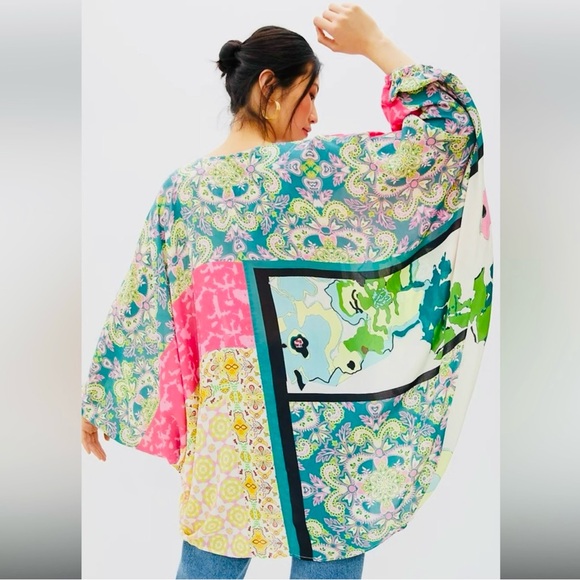 EUC Anthropologie Multicolored Mixed Pattern Pink Green Kimono Cardigan!! - Picture 3 of 13